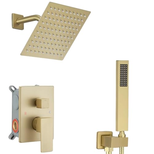 Brushed Gold Shower System 8 Inch Bathroom Luxury Rain Mixer Shower Combo Set Wall Mounted Rainfall Shower Head and Handheld System Shower Faucet Set Rough-in Valve Body and Trim Kit - color: Brushed Gold, size: 8 Inch