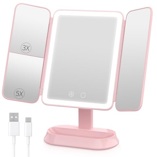 FRANO Rechargeable Trifold Makeup Mirror with Lights, 1X/3X/5X Magnification, Cordless 3-Color LED Vanity Mirror for Travel & Desk, Up to 20H Use, Ideal Gift for Women & Teens - Pink - color: Pink