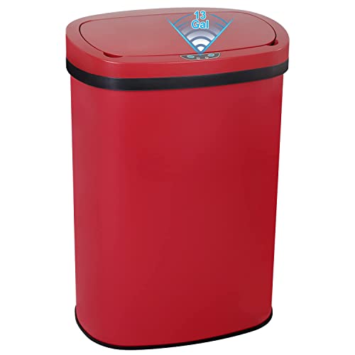 13 Gallon 50L Touch Free Automatic Stainless Steel Trash Can Garbage Can Metal Trash Bin with Lid for Kitchen Living Room Office Bathroom, Electronic Motion Sensor Automatic Trash Can - Red - color: Red