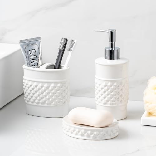 3-Piece White Ceramic Bathroom Accessories Set - Luxurious Soap Dispenser, Toothbrush Holder & Soap Dish with Modern Geo Embossed Design for Bathroom Accessory Set - color: White 024
