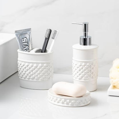 3-Piece White Ceramic Bathroom Accessories Set - Luxurious Soap Dispenser, Toothbrush Holder & Soap Dish with Modern Geo Embossed Design for Bathroom Accessory Set - color: White 024