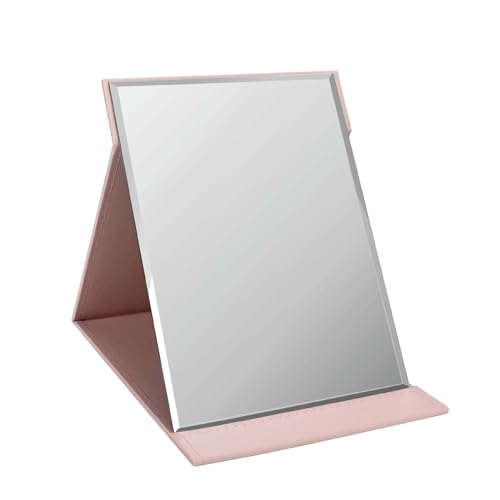 ZBEIVAN 12x9 Inches Portable Folding Makeup Mirror, Frameless PU Leather Desk Mirror with Stand for Camping Travel Tabletop Personal, Pink - color: Light Pink