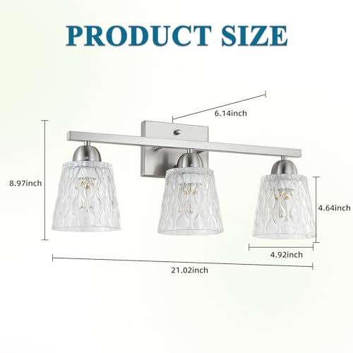 Mecgirn Stainless Steel Bathroom Vanity Light Over Mirror, 3 Light Brushed Nickel Bathroom Light Fixtures with Textured Glass Shades, Modern Vanity Lighting Wall Mount - color: Brushed Nickel, size: 3 Light