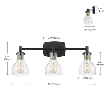 GLOBE Electric 63000062 5-Piece All-in-One Bathroom Set, Matte Black & Brass, 3-Light Vanity Light, Seeded Glass, Towel Bar, Toilet Paper Holder, Towel Ring, Robe Hook, Bathroom Lights Over Mirror - color: Matte Black, Bailey (5-Piece)