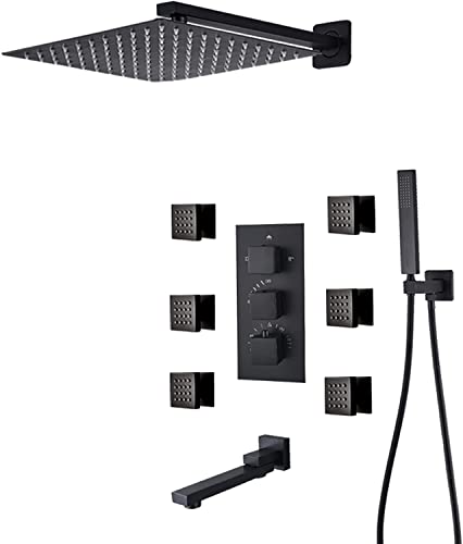 Shower System Thermostatic Concealed Shower Faucet Set Wall Mounted Matte Black Anti Scald Shower Combo Set with 6 Body Sprays with Hand Shower and Waterfall Rainfal,16 Inch - size: 16 Inch
