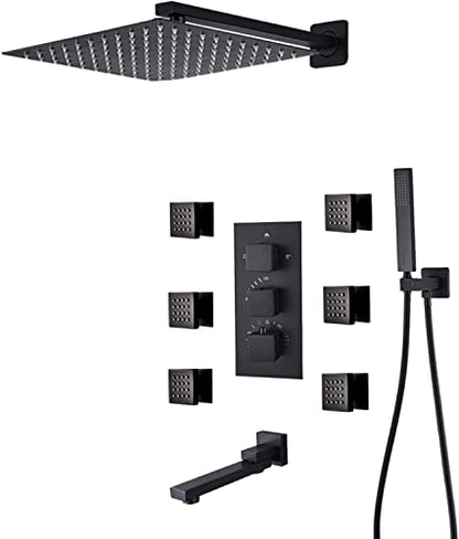 Shower System Thermostatic Concealed Shower Faucet Set Wall Mounted Matte Black Anti Scald Shower Combo Set with 6 Body Sprays with Hand Shower and Waterfall Rainfal,16 Inch - size: 16 Inch