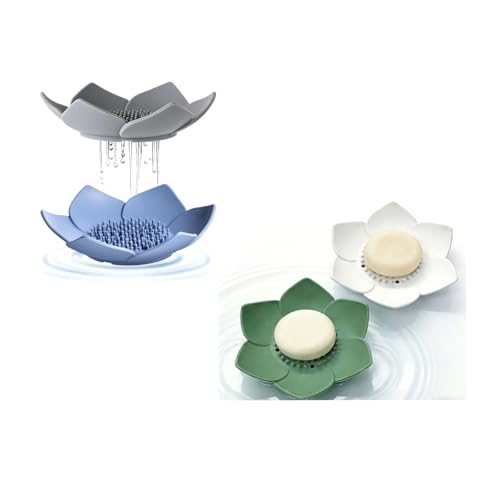Lotus Shaped Silicone Soap Dish Non Slip Bathroom Soap Holder with Drainable Design Modern Soap Tray for Kitchen and Bathroom Durable Water Proof (4, Grey Green Blue White) - color: Grey Green Blue White