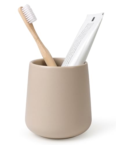 BosilunLife Bathroom Toothbrush Holder - Ceramic Toothbrush Cup Holder 13Oz Khaki Toothbrush Holder for Bathroom Toothbrush and Toothpaste Holder for Bathroom Vanity Countertop, Ideal for Home, Hotel - color: Khaki, size: rounded base