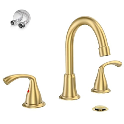 Phiestina 8 Inch 3 Hole 2 Handle Widespread Brushed Gold Bathroom Sink Faucet, Modern Bathroom Faucet with Metal Pop up Drain and Water Supply Lines, WFJC180-BG - color: Brushed Gold-8 IN, style: 1 pack