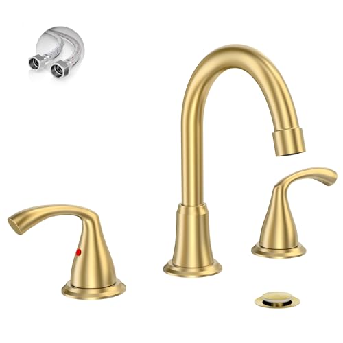 Phiestina 8 Inch 3 Hole 2 Handle Widespread Brushed Gold Bathroom Sink Faucet, Modern Bathroom Faucet with Metal Pop up Drain and Water Supply Lines, WFJC180-BG - color: Brushed Gold-8 IN, style: 1 pack