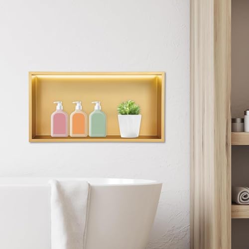 Libsaerty LED Shower Niche with Lights, Waterproof Gold Bathroom Niche Insert, Recessed Wall Shelf for Tile-Free Install, 24x12 Inch Storage for Shampoo, 304 Stainless Steel, 44LbsLoad, Easy Assembly