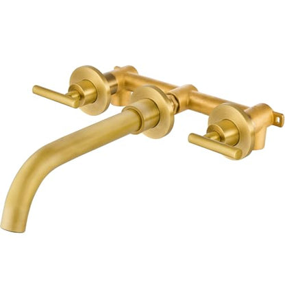 Airuida Wall Mounted Antique Brass 3 Hole Dual Handle Bathroom Faucet with 360 Swivel Spout Vanity Sink Mixer Tap, Matte Finish | Lever Handle,3 Holes,360° Widespread Swivel Spout,Rotatable Bathroom Faucet - color: Antique Brass