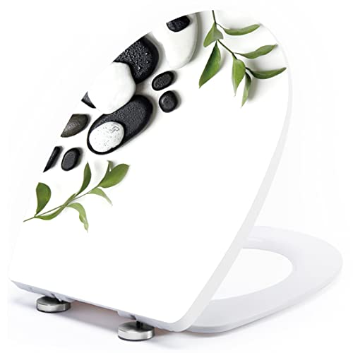 White Plastic Quick Release Toilet Seat - Oval Shape, Top Fixing with Adjustable Hinges, Easy Clean, Seagull and Starfish Design - One Size - color: Black Stone