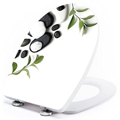 White Plastic Quick Release Toilet Seat - Oval Shape, Top Fixing with Adjustable Hinges, Easy Clean, Seagull and Starfish Design - One Size - color: Black Stone