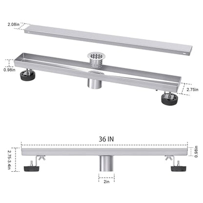 Brushed Nickel 36-Inch Linear Shower Drain with Tile Insert Grate, Rectangle Floor Drain 304 Stainless Steel Including Hair Strainer - color: Brushed, size: 36 IN