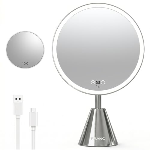 FRANO 10.5" Vanity Mirror with Lights, CRI≥98 True-Sunlight, 3 Colors & Stepless Dim, 10X Spot Mirror, Rechargeable 5000mAh, Auto-Off, Vanity Light Up Mirror Gift for Women - color: Silver