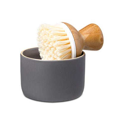 Full Circle Bubble Up Ceramic Soap Gray Ergonomic Bamboo Handle, Dish Brush + Dispenser, Grey/White