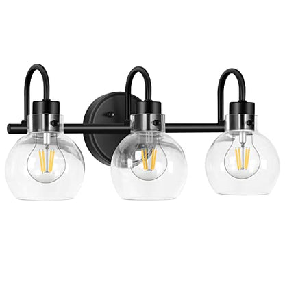 Bathroom Light Fixtures, Black 3 Lights Vanity Light, Farmhouse Wall Sconces with Globe Glass Shade, Porch Wall Mount Lamp for Mirror, Kitchen, Porch Living Room Workshop (E26 Base) | Farmhouse Wall Sconces with Clear Globe Glass Shade, Wall Mount Lamp fo