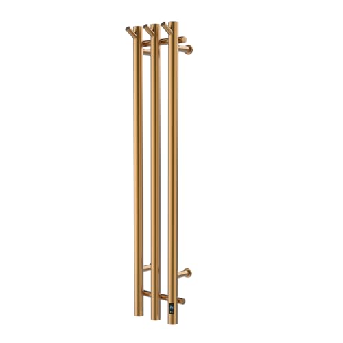 Electric Heated Towel Rack with Timer, Wall-Mounted Towel Warmer, 3 Vertical Bars, Plug-in or Hardwired, 37.4 Inch Height, Round Design (Gold) - color: Gold