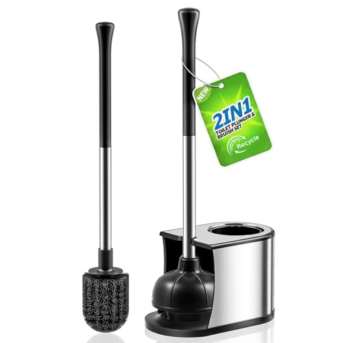 HAMITOR Toilet Plunger and Brush Set: Bathroom Powerful Cleaning Round Bristle Brush - Stainless Steel Heavy Duty Unclogging and Bowl Brush Combo - Compact Home Apartment Restroom Decor Accessories