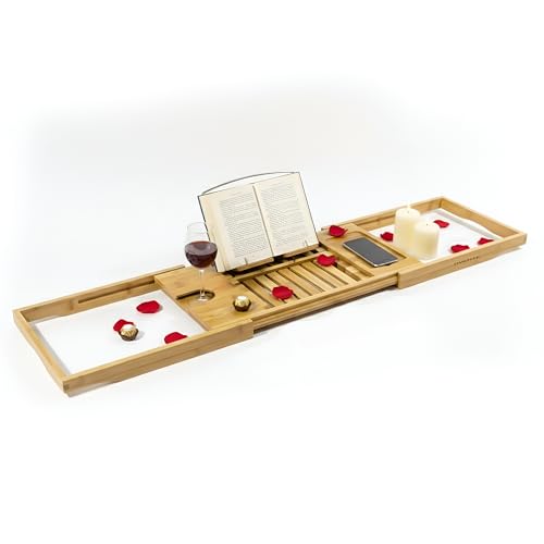 OVENTE Expandable Bamboo Bathtub Tray Caddy, Foldable Bath Tray, BTC20228 | With Book, Tablet, Phone & Wine Glass Holders, Bathroom Accessories & Home Spa Essentials, Easy to Store, Great Gift Idea