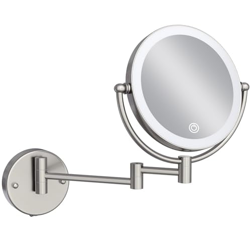 Wall Mounted Lighted Makeup Vanity Mirror with Magnification 10X, Hardwired | Bathroom 8 Inches Double Sides Magnifying, 3 Color Lighting Touch Dimming, Extended Arm Shaving Hard Wired, Brushed Nickel - color: Brushed Nickel