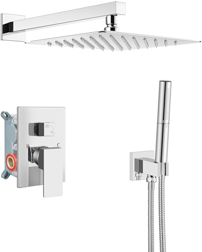 Aolemi Shower System with Rain Head and Handheld,12-Inch,Polish Chrome | High-Pressure Shower Faucet Set with Dual-Function Handheld,Rough-In Valve,1.8 GPM,Wall-Mount Trim Kit - color: Polish Chrome, size: 12 Inch