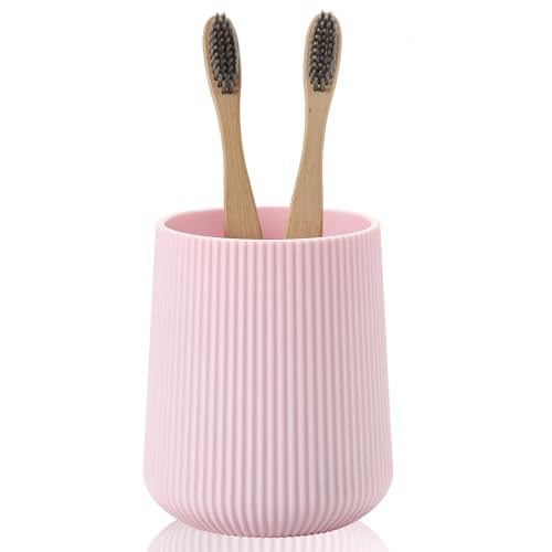 YAUKPH Pink Striped Toothbrush Holder | for Electric Toothbrushes Bathroom Organizer Cup for Toothpaste Kids & Adults - color: Pink Ribbed