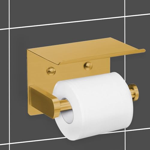 VAEHOLD Self Adhesive Toilet Paper Holder with Phone Shelf Stainless Steel Wall Mounted Toilet Paper Roll Holder - Rustproof and Bathroom Washroom Tissue Roll Holder with Storage Shelf - Gold - color: Gold