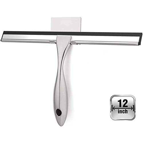 Shower Squeegee with Self Adhesive Hook, 12 Inches Stainless Steel Squeegee Cleaner, All-Purpose Window Scraper for Bathroom Doors, Mirror, Windows and Car Glass (12 Inch, Silver)