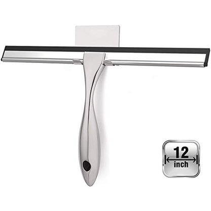 Shower Squeegee with Self Adhesive Hook, 12 Inches Stainless Steel Squeegee Cleaner, All-Purpose Window Scraper for Bathroom Doors, Mirror, Windows and Car Glass (12 Inch, Silver)