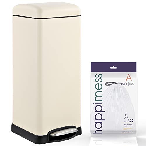 happimess HPM1007F Betty Retro 8-Gallon Step-Open Trash Can with Soft-Close Lid, Fingerprint Resistant, Modern, Minimalistic for Home, Kitchen, Laundry Room, Office, Bedroom, Bathroom, Almond | Fingerprint Resistant, Removable Liner, Semi-Rectangular, Ste