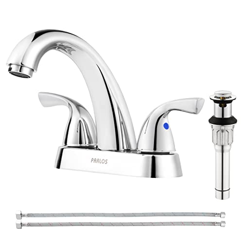 PARLOS Bathroom Sink Faucet 4 Inch Centerset for Vanity, Chrome | Mid Arc, 2 Handle Lead-Free Deck Mount Bathroom Faucet with Pop Up Drain Supply Lines, for 2 or 3 Hole Lavatory Utility Sink - color: Chrome