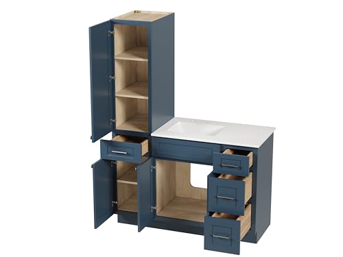 51" Bathroom Vanity with Linen Storage Tower and 4 Drawers, Carrara Quartz Top and Ceramic Sink, Left or Right Tower Option, Solid Wood Frame, 52" x 22" x 72" (Navy Blue, Left Tall Cabinet) - color: Navy Blue