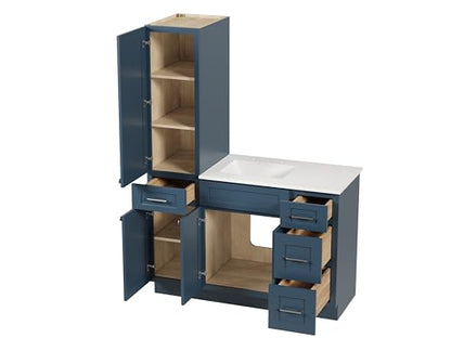 51" Bathroom Vanity with Linen Storage Tower and 4 Drawers, Carrara Quartz Top and Ceramic Sink, Left or Right Tower Option, Solid Wood Frame, 52" x 22" x 72" (Navy Blue, Left Tall Cabinet) - color: Navy Blue