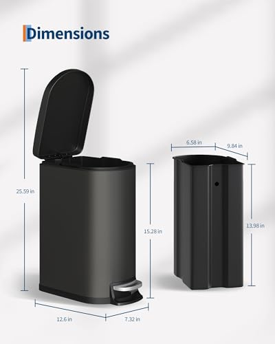 IDEALHOUSE 2.6 Gallon/10L Bathroom Trash Can with Lid, Matte Black | Slim,Stainless Steel,for Narrow Gaps, Small Step-on Metal,Removable Inner Bucket, Soft Close - color: Black-10L
