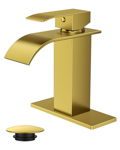 FORIOUS Bathroom Faucet 1 Hole, Waterfall Vanity Sink Faucet Brushed Gold | Bathroom Sink Faucet 1 or 3 Hole, Square Single Handle with 24" cUPC Supply Line and Pop-up Drain, Fits RV Restroom Basin - color: Brushed Gold