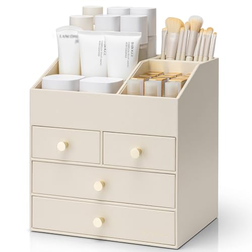 VLANDO Make Up Organizers For Counter with 4 Drawers,Beige | PU Leather Desk Organizer,Lipstick,Skincare,Brushes Storage,Gifts for Women,Dressing Room,Home Aesthetics - color: Beige, size: 4 Layer