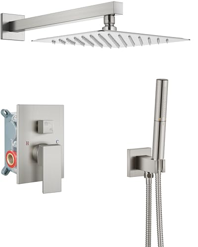 Aolemi Shower System with Rain Head and Handheld,10-Inch,Brushed Nickel | High-Pressure Shower Faucet Set with Dual-Function Handheld,Rough-In Valve,1.8 GPM,Wall-Mount Trim Kit - color: Brushed Nickel, size: 10 Inch
