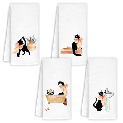 Jvpke Coquette Bow Black Cat Hand Towels Set of 4, Cat Lover Mom Lady Gifts, Cute Black Kitty Kitten Hand Towels for Bathroom, 16x24 Inch - color: Cats Bow