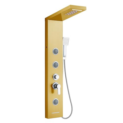 5-in-1 Shower Panel Tower System with LED Lights, 2-in-1 Body Massage, Rainfall, Waterfall,Handheld and Tub Spout, Stainless Steel Shower Column - Gold - color: Gold - 2-in-1 Body Jets