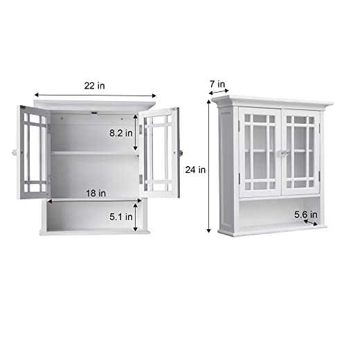 Teamson Home Neal Wooden Over The Toilet Bathroom Removable Wall Medicine Cabinet with 1 Fixed and 1 Adjustable Shelf 3 Storage Spaces 2 Glass Mosaic Doors and Crystal-Cut Acrylic Knobs, White | Detachable Over the Toilet Storage, Two Doors, Adjustable Sh