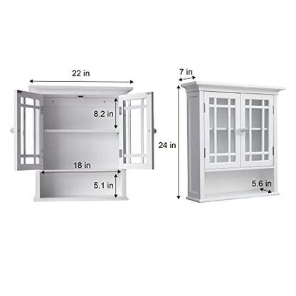 Teamson Home Neal Wooden Over The Toilet Bathroom Removable Wall Medicine Cabinet with 1 Fixed and 1 Adjustable Shelf 3 Storage Spaces 2 Glass Mosaic Doors and Crystal-Cut Acrylic Knobs, White | Detachable Over the Toilet Storage, Two Doors, Adjustable Sh