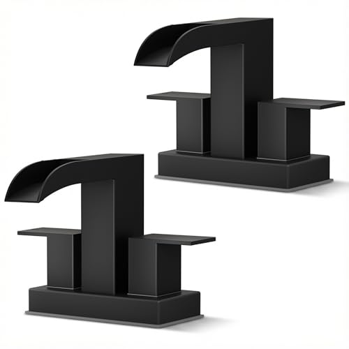 FORIOUS Waterfall Bathroom Sink Faucet 4 Inch Centerset 2 Pack Matte Black | Bathroom Faucets 2 or 3 Hole 4 Inch Two Handles with Pop-up Drain and 24" Supply Lines, for Vanity RV Farmhouse Laundry Room - color: Matte Black x 2