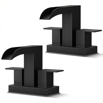 FORIOUS Waterfall Bathroom Sink Faucet 4 Inch Centerset 2 Pack Matte Black | Bathroom Faucets 2 or 3 Hole 4 Inch Two Handles with Pop-up Drain and 24" Supply Lines, for Vanity RV Farmhouse Laundry Room - color: Matte Black x 2