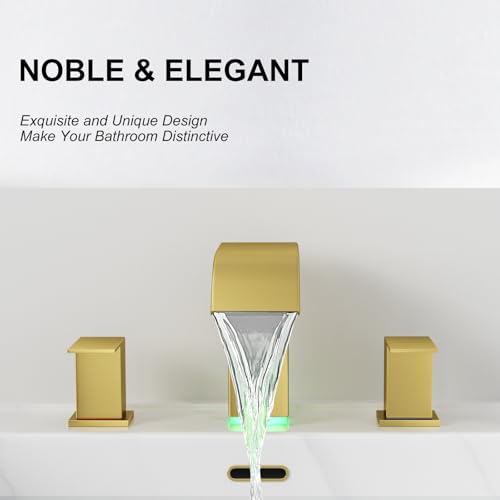 RUMOSE LED Bathroom Faucets Set 3 Hole Vanity Faucet with Pop Up Drain | Brushed Gold Bathroom Sink Faucet, Widespread Waterfall, 3 Colors Light Changing, Stainless Steel, Deck Mounted - color: Brushed Gold