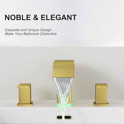 RUMOSE LED Bathroom Faucets Set 3 Hole Vanity Faucet with Pop Up Drain | Brushed Gold Bathroom Sink Faucet, Widespread Waterfall, 3 Colors Light Changing, Stainless Steel, Deck Mounted - color: Brushed Gold