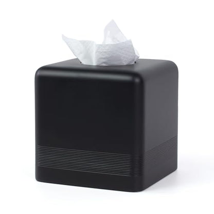 Resin Tissue Box Cover, Modern Square Holder, Black | Black resin tissue box cover with modern square design and silicone feet for bathroom vanity, office desk, and living room - color: Black