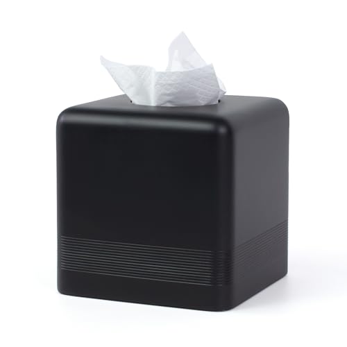 Resin Tissue Box Cover, Modern Square Holder, Black | Black resin tissue box cover with modern square design and silicone feet for bathroom vanity, office desk, and living room - color: Black