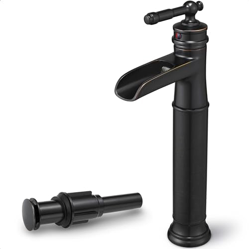 Brass Vessel Sink Faucet Oil Rubbed Bronze, Waterfall Tall Bathroom Faucet 1 Hole with Single Handle, Pop-Up Drain & Water Hose for Farmhouse Vanity Restroom Vessel Bowl Sink, 5 Mins Install - color: Oil Rubbed Bronze - Farmhouse